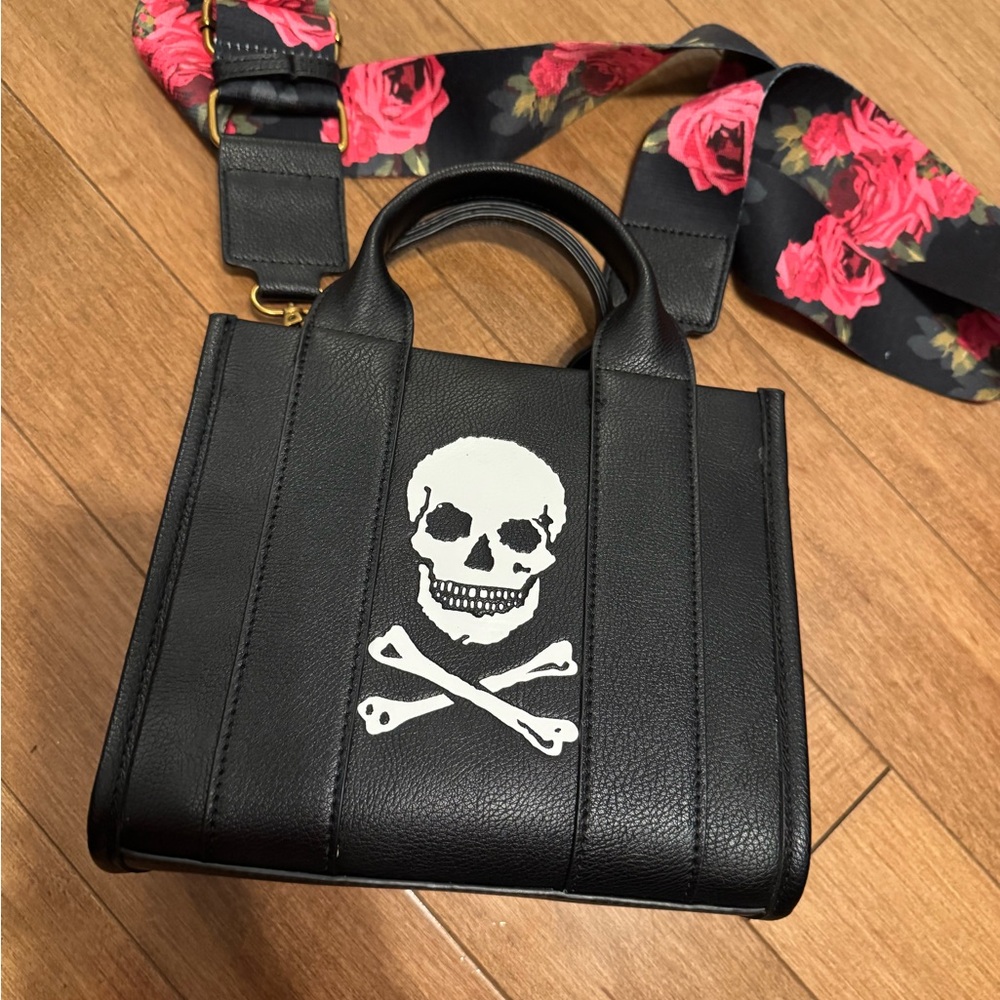 Betsey Johnson Black Leather Skull & Crossbones Mini Tote with Floral Strap